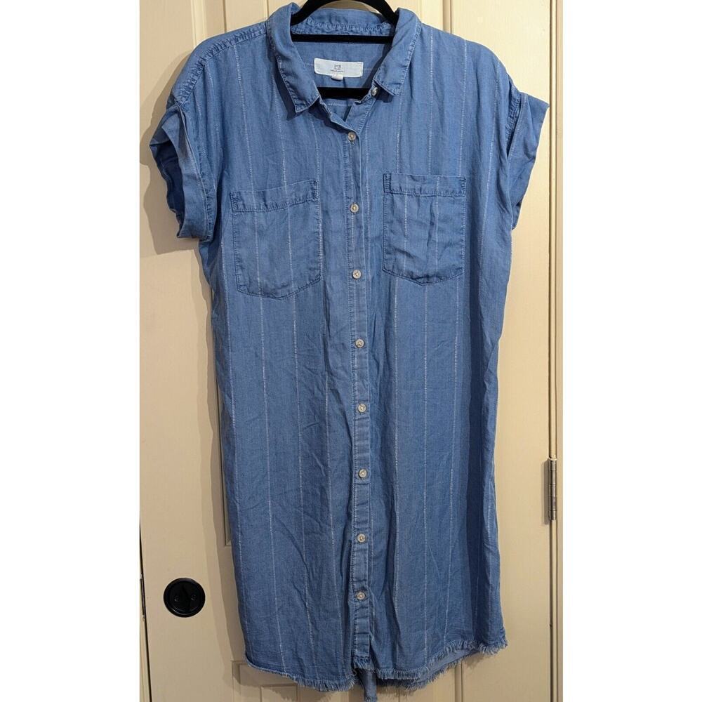 Thread & Supply Shirt Dress 100% Lyocell Vertical Stripe Frayed Hem Med